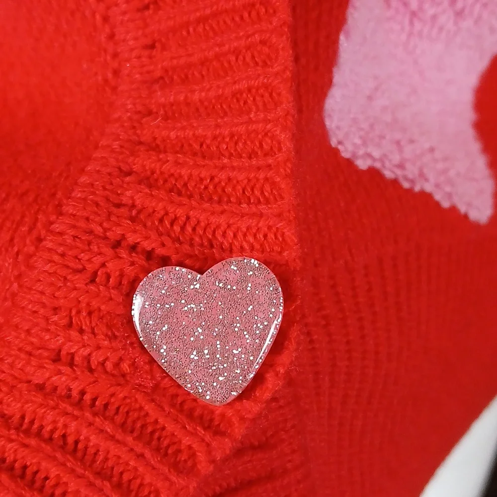 New Red And Pink V-Neck Embellished Cardigan With Heart Shape Buttons. XXS - Picture 9 of 17